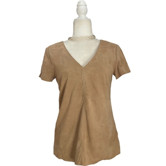 ECRU Clothing Suede Leather V Neck Short Sleeve Top NWT in Caramel Tan - Picture 8 of 8